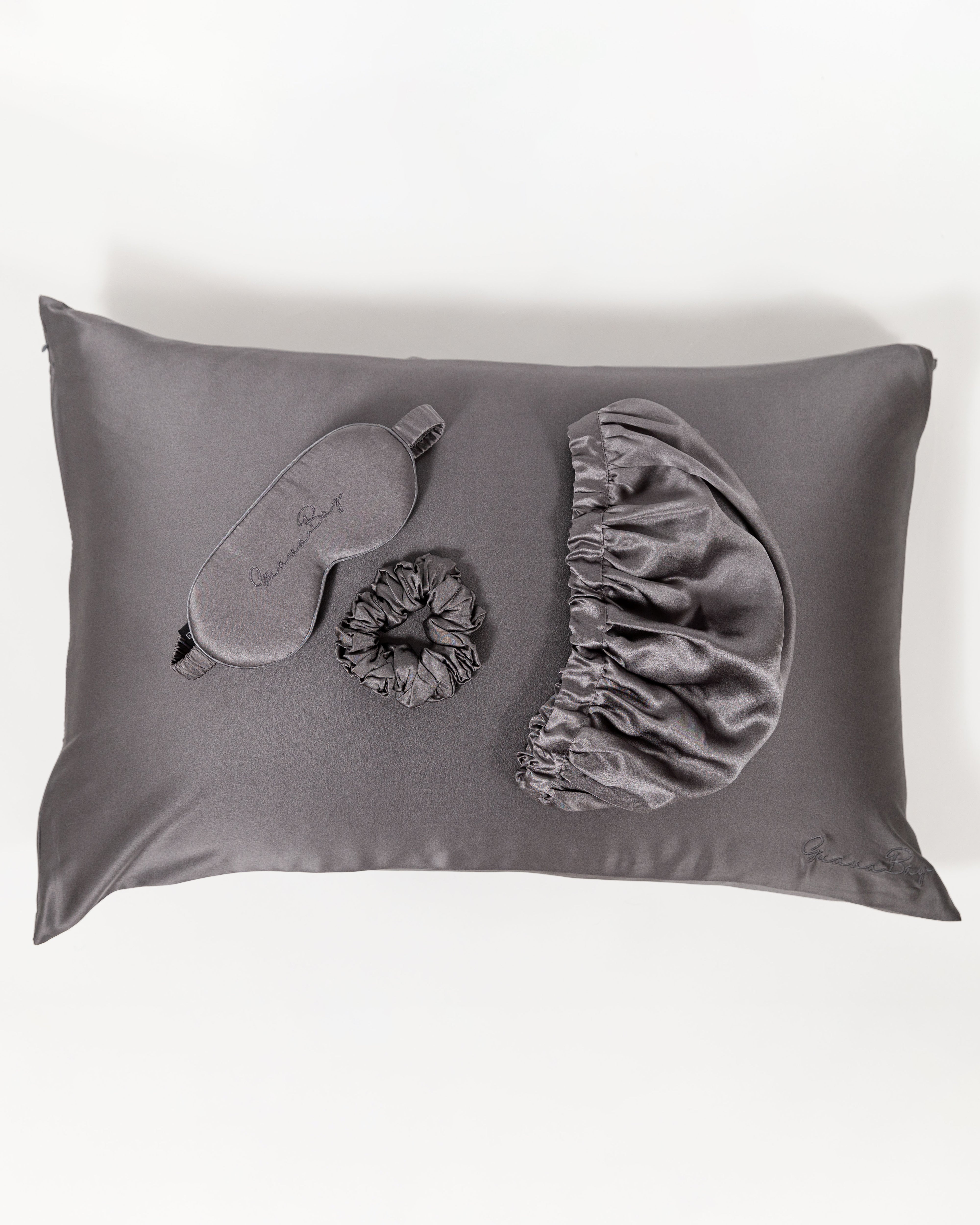 Ultimate Set 30 Momme- Pillowcase, Bonnet, 3D Eye Mask, Scrunchy – Charcoal
